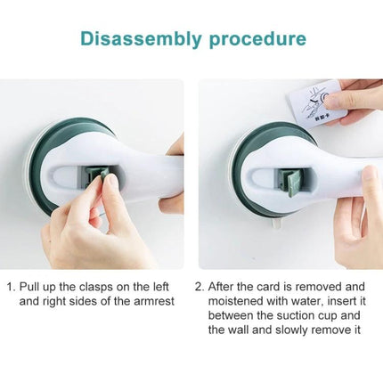 Secure Grip Handle for Everyday Bath and Shower Support - close-up showing suction cup disassembly steps and removal card