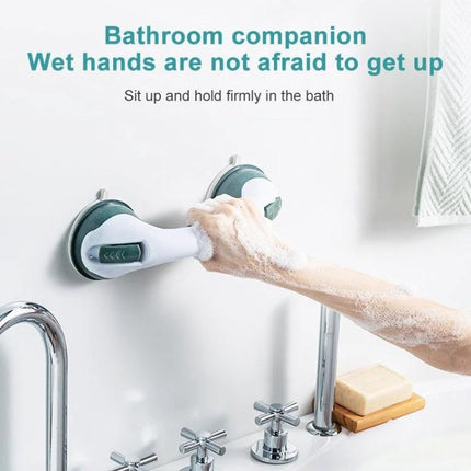 Secure Grip Handle for Everyday Bath and Shower Support installed on tub wall with soapy hand holding for stability