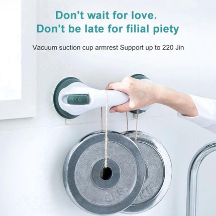 Secure Grip Handle for Everyday Bath and Shower Support suction cup-mounted armrest showing hand holding handle with weight plates to demonstrate strength