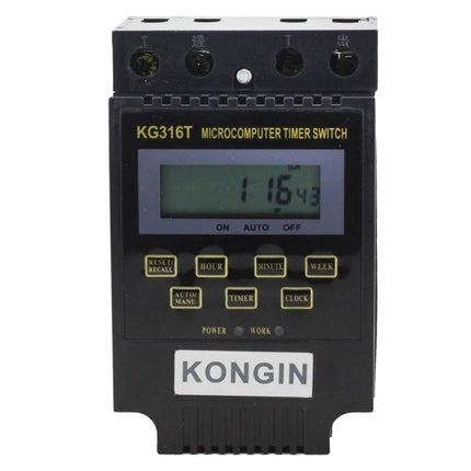 12V LCD Digital Timer Switch for Home Appliance Control - KG316T microcomputer timer switch with LCD display and control buttons, black housing, KONGIN label