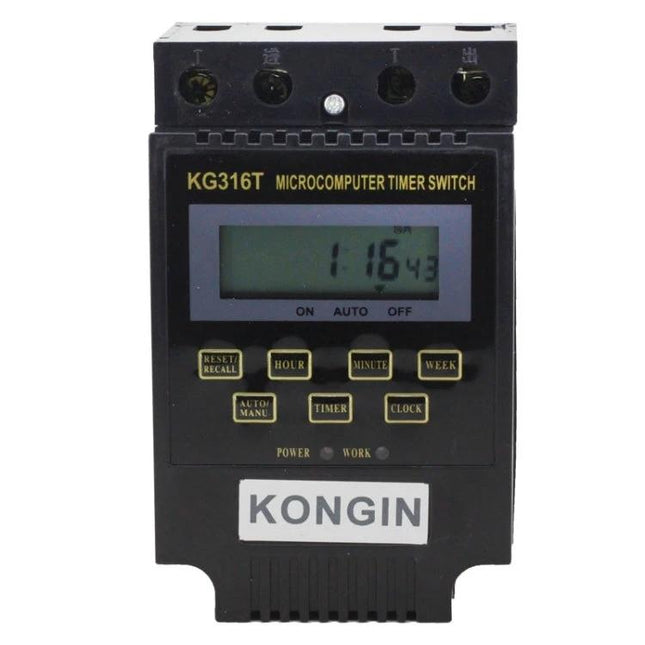 12V LCD Digital Timer Switch for Home Appliance Control - KG316T microcomputer timer switch with LCD display and control buttons, black housing, KONGIN label