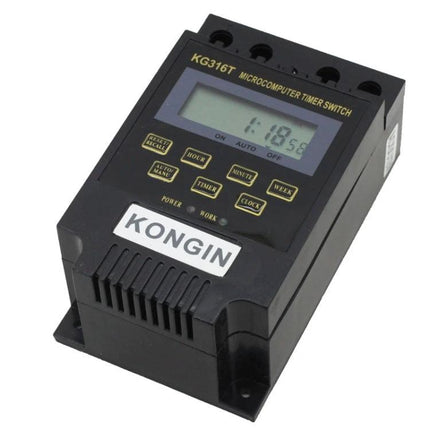 12V LCD Digital Timer Switch for Home Appliance Control - black KG316T microcomputer timer with LCD display and labeled buttons for lighting and appliance scheduling