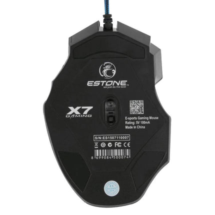 Ergonomic Wired Gaming Mouse for PC and Laptop Computing - bottom view showing sensor, braided cable and X7 branding