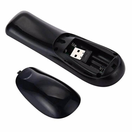T2 Wireless Air Mouse for Desktop and Laptop Navigation showing open battery compartment and USB receiver