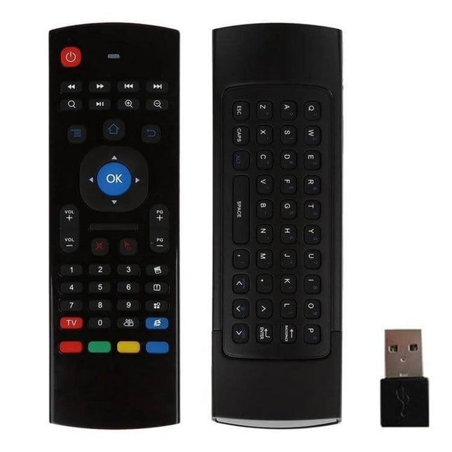 Wireless Air Mouse with Keyboard for Android TV shown front and back with USB receiver, compact remote and qwerty keyboard for smart TV control