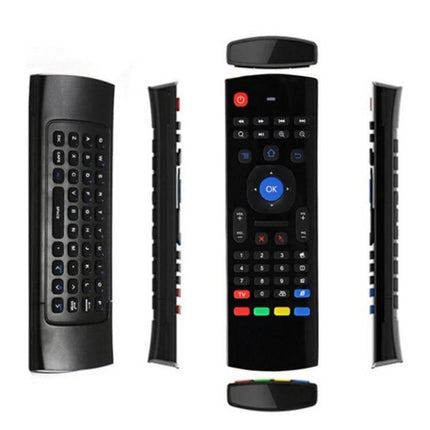 Wireless Air Mouse with Keyboard for Android TV showing front, back and side views of black air mouse with integrated QWERTY keyboard and control keys