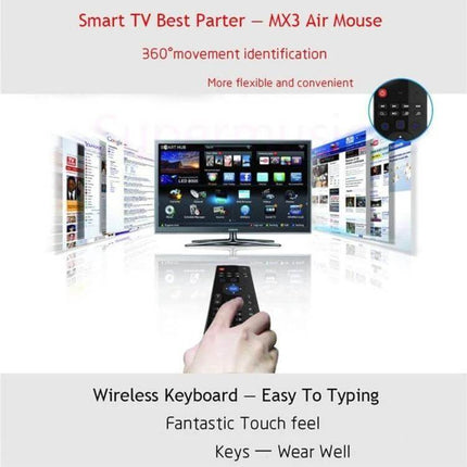 Wireless Air Mouse with Keyboard for Android TV handheld air mouse pointing at smart TV screen for browsing and typing