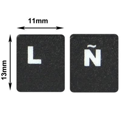 Spanish Keyboard Layout Stickers for Laptops and Desktops showing black Ñ and L key stickers with 11mm x 13mm dimensions
