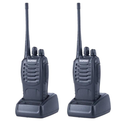 BAOFENG Portable Walkie Talkie for Everyday Communication – pair of black two-way radios on charging docks for outdoor, event, and job-site use