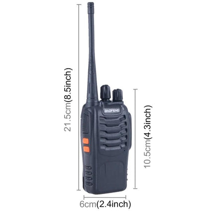 BAOFENG Portable Walkie Talkie for Everyday Communication - compact black two-way radio with antenna and dimensions for outdoor, events, job sites