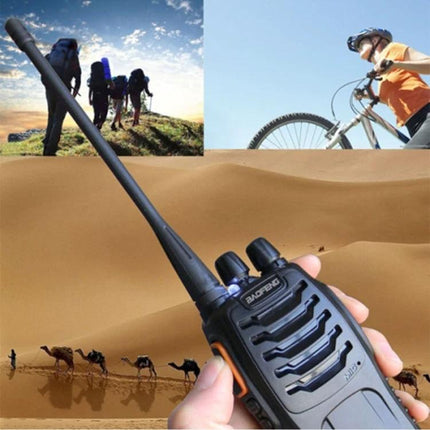 BAOFENG Portable Walkie Talkie for Everyday Communication in desert hiking and biking scenes, handheld two-way radio for outdoor use