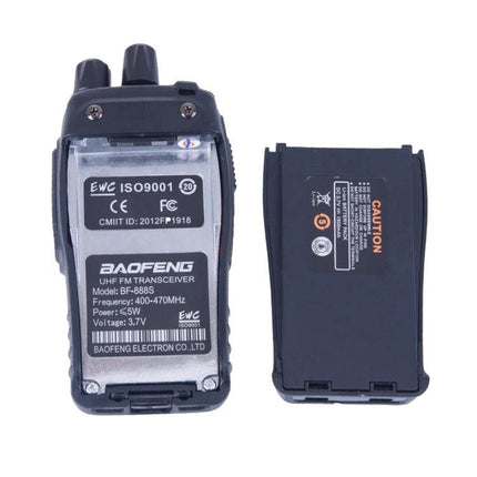 BAOFENG Portable Walkie Talkie for Everyday Communication shown with back cover removed and battery visible