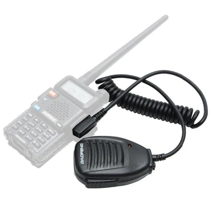 Clip-On Speaker Microphone for Walkie Talkies and Radios - black dual-plug hands-free speaker mic with coiled cable