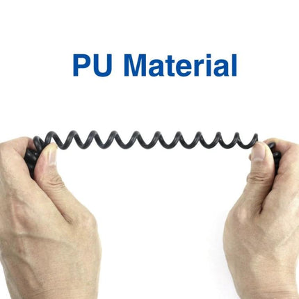 Clip-On Speaker Microphone for Walkie Talkies and Radios showing coiled PU material cord held between hands