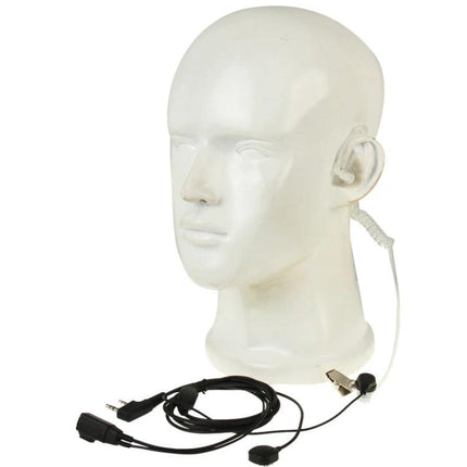 Comfortable Earpiece Headset for Walkie Talkies with 3.5mm and 2.5mm Plugs shown on mannequin with coiled tube and clip