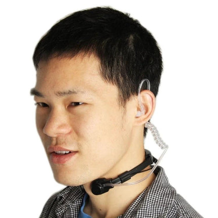 Throat Control Earpiece Headset for Walkie Talkies with Dual Plugs worn by security guard for hands-free, clear communication in noisy environments
