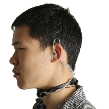 Throat Control Earpiece Headset for Walkie Talkies with Dual Plugs worn by security personnel for discreet hands-free communication