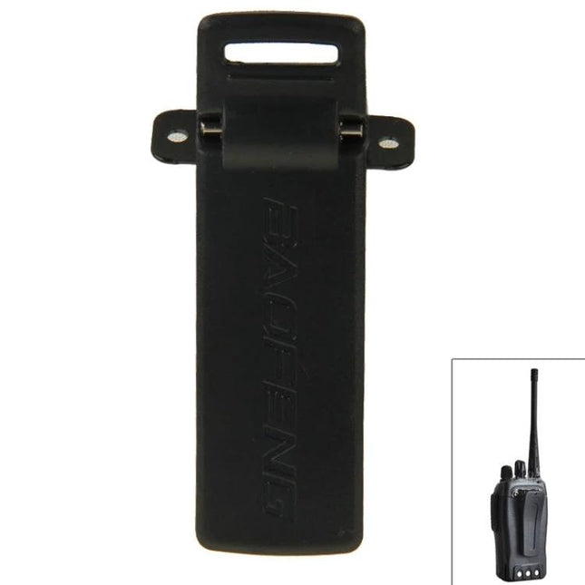 Durable Belt Clip for Attaching Walkie Talkies Securely to Belts – black heavy-duty clip shown with walkie talkie inset