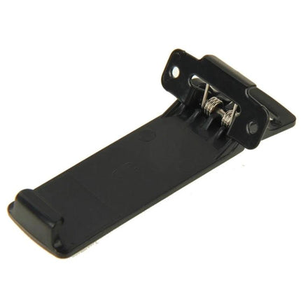 Durable Belt Clip for Attaching Walkie Talkies Securely to Belts shown in black spring-loaded metal clip for hands-free use