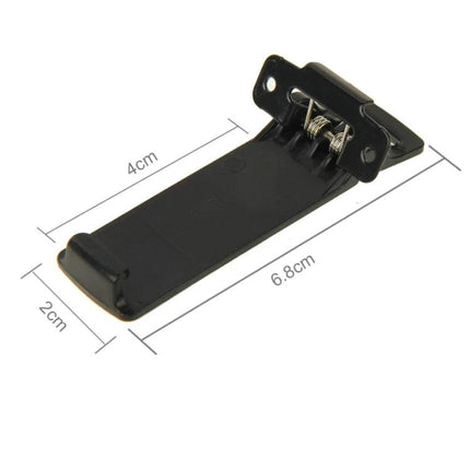 Durable Belt Clip for Attaching Walkie Talkies Securely to Belts — black metal clip with spring mechanism and dimensions 6.8x2x4cm