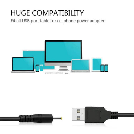 USB to DC Power Cable for Small Electronics, 1.2 Meters Long — 2.5mm barrel jack shown with USB A plug and compatible tablets, laptops, phones