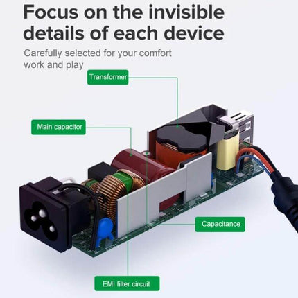 AC Adapter for Fujitsu Laptops with International Plugs and Tips internal circuit board showing transformer, main capacitor, EMI filter circuit and capacitance components
