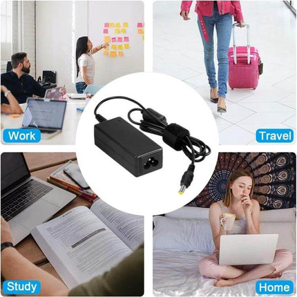 AC Adapter for Fujitsu Laptops with International Plugs and Tips – black universal replacement charger shown with travel, work, study, home use