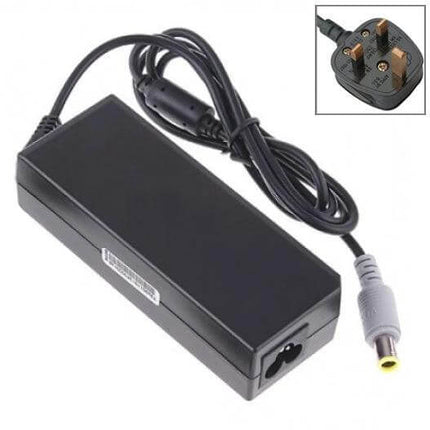 AC Power Adapter for Lenovo Laptops with US Plug Design shown powering compatible Lenovo models, AC 100-240V 2.4A travel and replacement charger