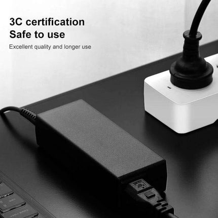 AC Adapter for ThinkPad Laptops with International Plugs shown plugged into power strip, black rectangular adapter on desk