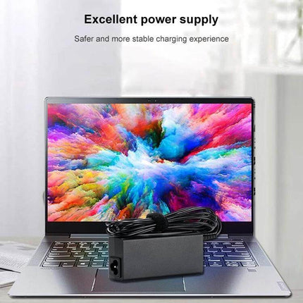 AC Adapter for ThinkPad Laptops with International Plugs shown on laptop keyboard, compact power brick and cable for travel and office use