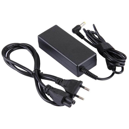 AC Charger Adapter for Acer Laptops with International Plugs shown with black power brick, EU two-pin plug and laptop DC tip for travel and replacement