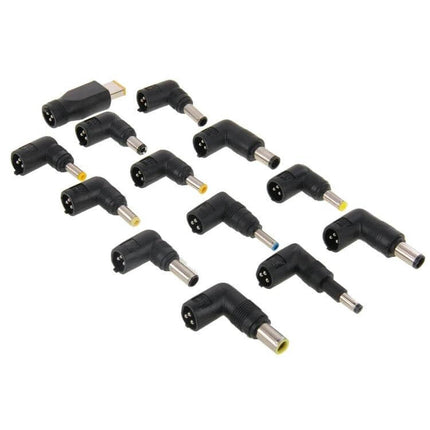 Universal Laptop Charger with Multiple Tips and EU Plug showing 13 interchangeable right-angle connector tips for various laptop models