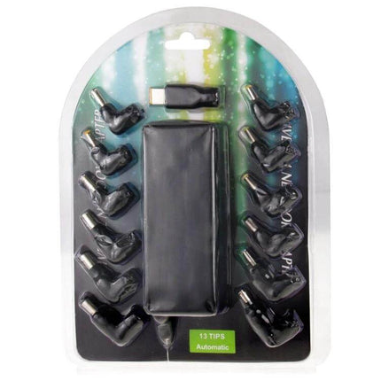Universal Laptop Charger with Multiple Tips and EU Plug in blister pack showing charger brick and 13 interchangeable tips
