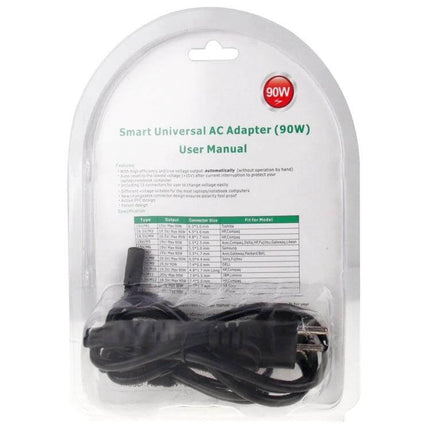 Universal Laptop Charger with Multiple Tips and EU Plug in retail packaging showing cables and 90W label