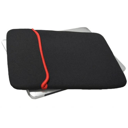 Waterproof Neoprene Sleeve Case for 17.4 Inch Laptops — black neoprene sleeve with red cord, protects laptop from spills dust and minor impacts