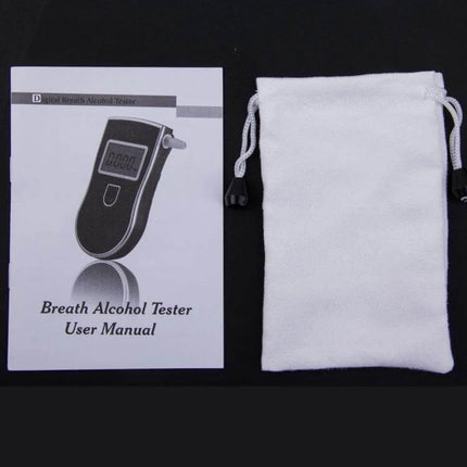 Compact Digital Breath Alcohol Tester for Daily Use user manual booklet and white carrying pouch on black background