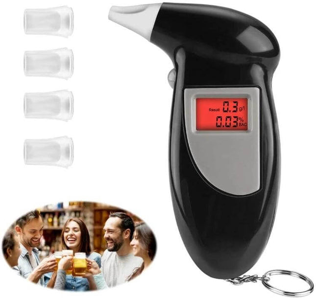 LCD Digital Breathalyzer for Everyday Alcohol Testing with LCD readout, hot-wire sensor and mouthpieces shown, ideal for safe driving decisions