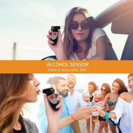 LCD Digital Breathalyzer for Everyday Alcohol Testing handheld device with LCD display and hot-wire sensor shown by young adults before driving and at a party