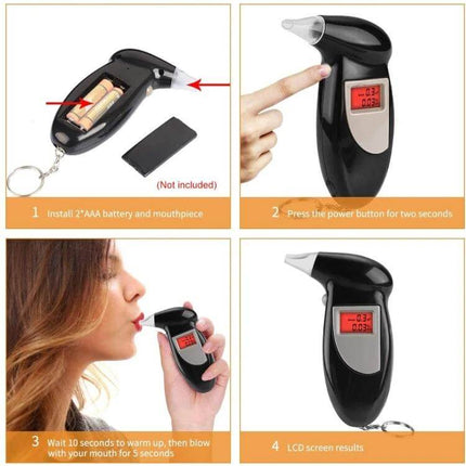 LCD Digital Breathalyzer for Everyday Alcohol Testing handheld black device with LCD screen, hot-wire sensor, mouthpiece and user blowing