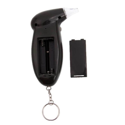 LCD Digital Breathalyzer for Everyday Alcohol Testing handheld black unit with keyring, LCD and removable battery cover showing sensor