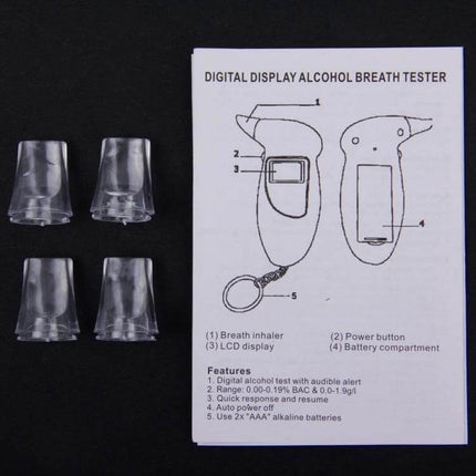 LCD Digital Breathalyzer for Everyday Alcohol Testing showing device diagram, mouthpieces and user manual with LCD display