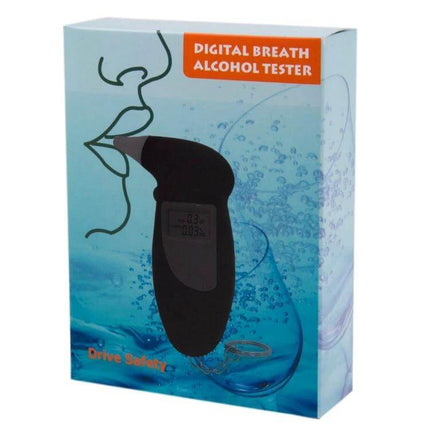 LCD Digital Breathalyzer for Everyday Alcohol Testing showing compact hot-wire sensor device on blue packaging for personal safety