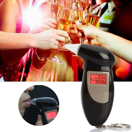 LCD Digital Breathalyzer for Everyday Alcohol Testing handheld device with hot-wire sensor showing LCD readout near party to check sobriety