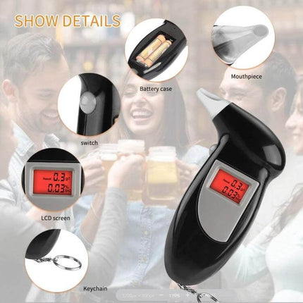 LCD Digital Breathalyzer for Everyday Alcohol Testing showing device with LCD screen, mouthpiece, battery case and keychain
