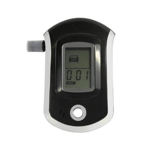 Portable Breath Alcohol Tester for Driver Safety with LCD Display showing digital reading 0.01 and mouthpiece attached