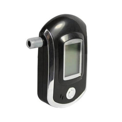 Portable Breath Alcohol Tester for Driver Safety with LCD Display showing handheld black breathalyzer with mouthpiece and LCD screen