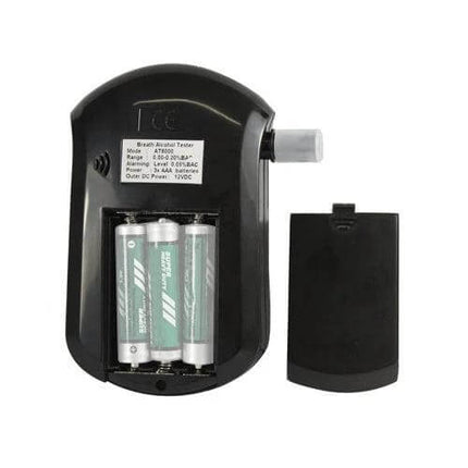 Portable Breath Alcohol Tester for Driver Safety with LCD Display - black handheld device with mouthpiece and battery compartment visible
