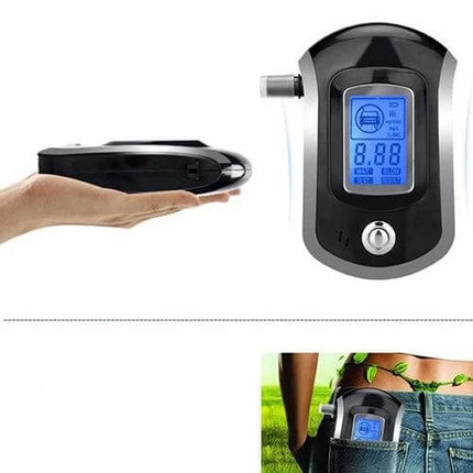 Portable Breath Alcohol Tester for Driver Safety with LCD Display handheld unit with blue LCD showing BAC reading, pocketable design