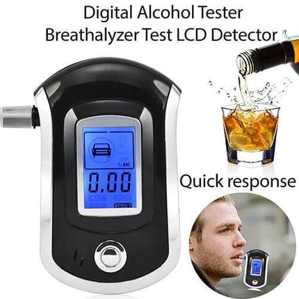 Portable Breath Alcohol Tester for Driver Safety with LCD Display compact handheld breathalyzer showing 0.00 BAC on blue LCD, quick response