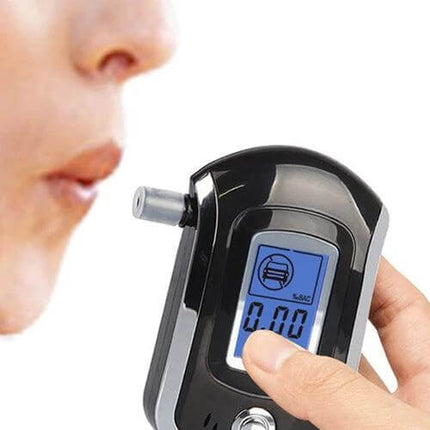 Portable Breath Alcohol Tester for Driver Safety with LCD Display showing user blowing and digital BAC reading 0.00